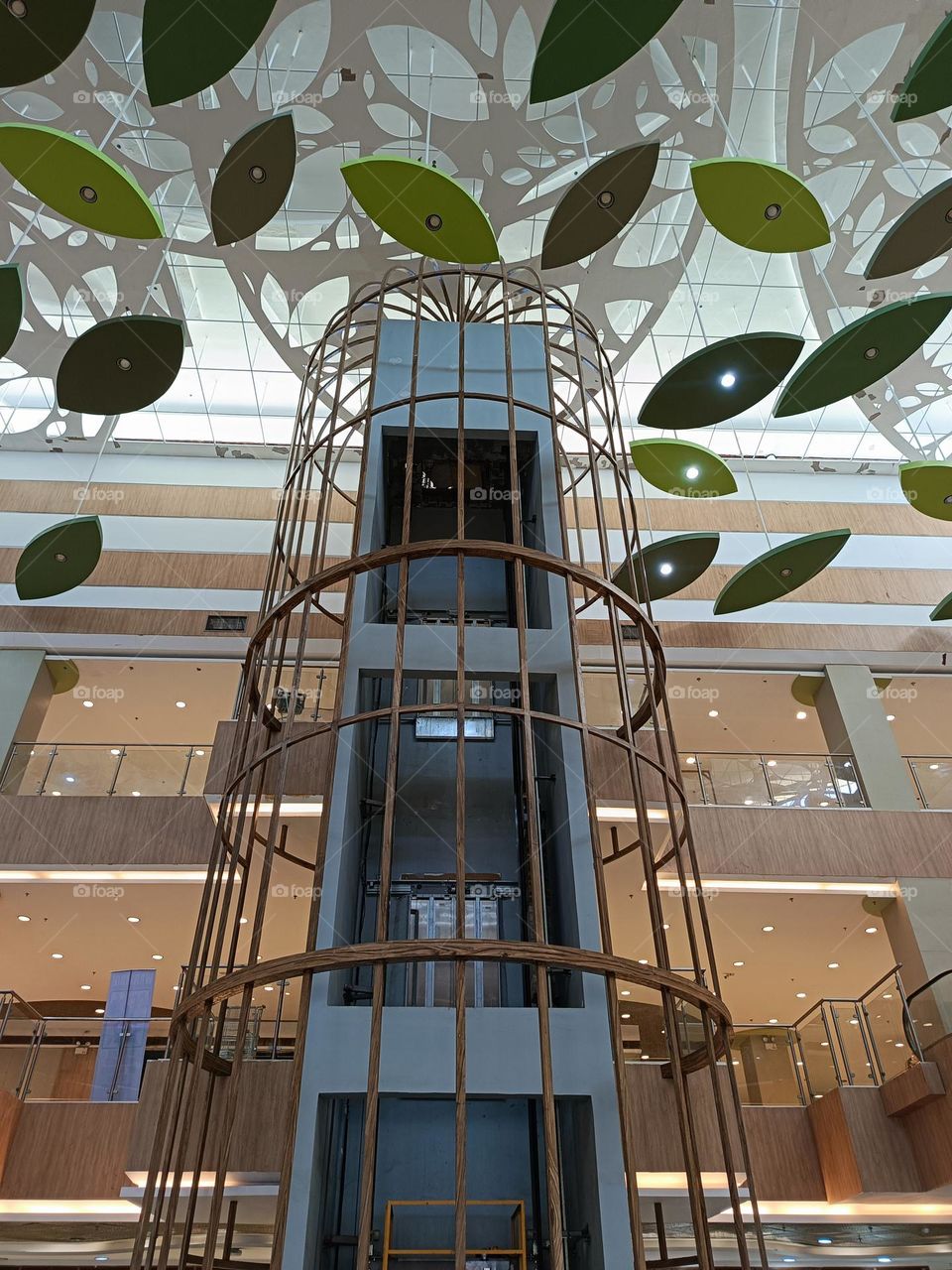 "A lift caged in elegance, ascending through a canopy of green leaves, reaching toward light and open spaces."