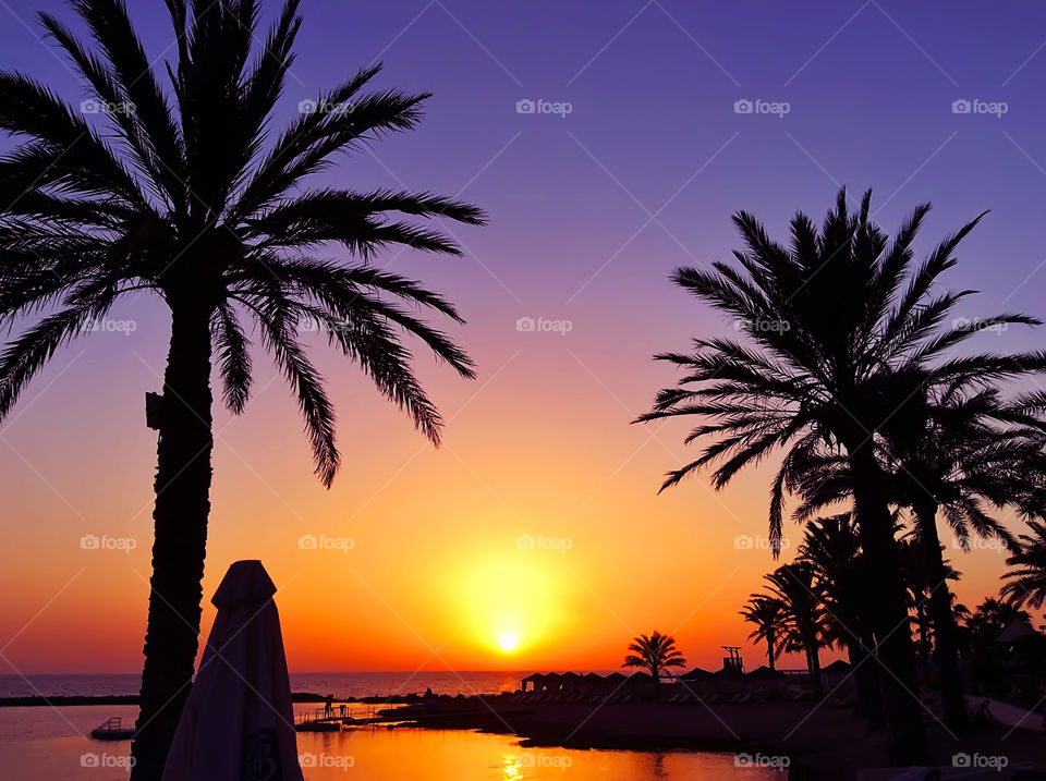 Beautiful sunrise over the tropical beach with palm trees silhouettes