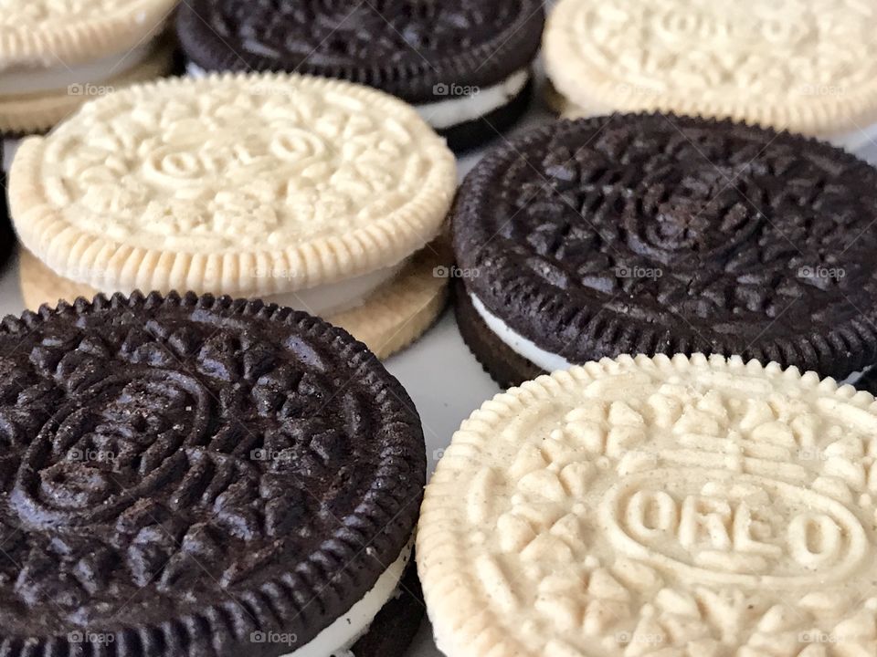 Golden and chocolate double stuff cookies flat lay