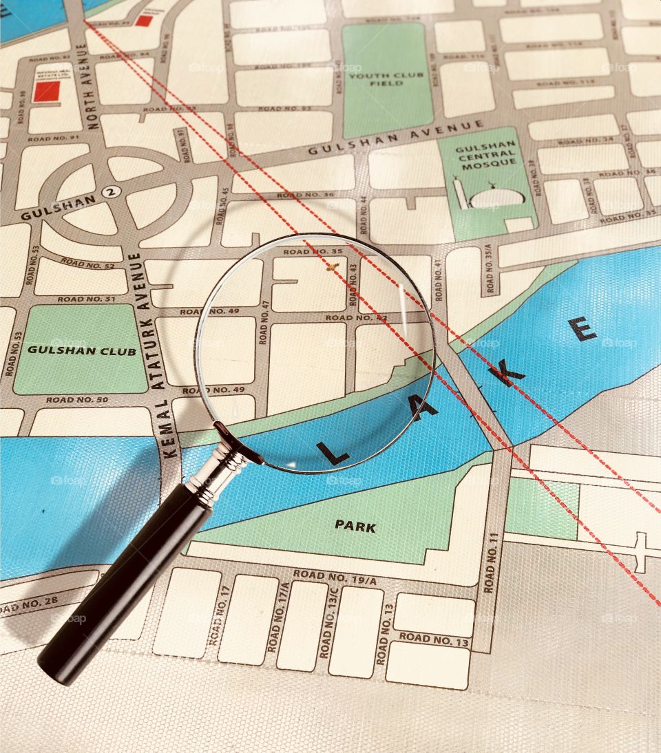 Map gulshan area Dhaka Bangladesh magnifying glass reflect in map 