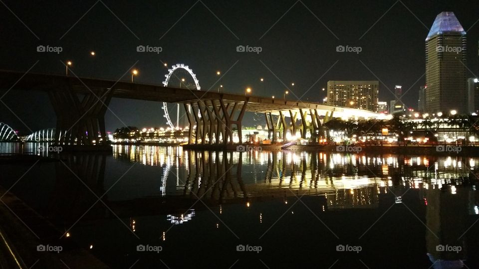 Spectacular city night view of Singapore, Benjamin sheares bridge, Singapore Flyer, gardens by the bay