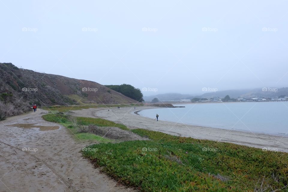 Fog on beach, people walking