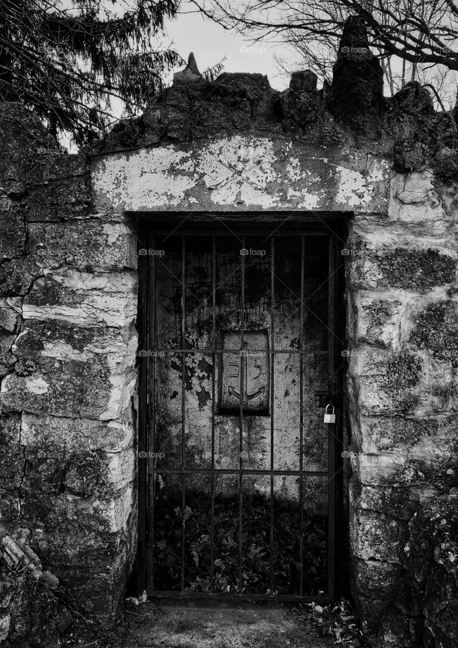 Black and white photo of the remnants of an old Catholic church—taken in Schererville, Indiana 