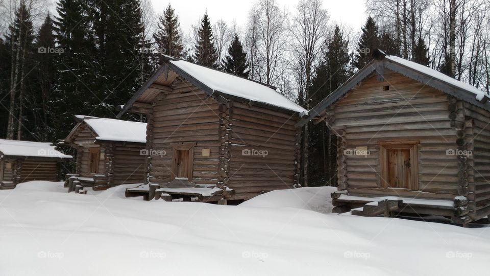 Museum of forest architecture."Malye Karelys"Arkhangelsk.Russia. antique storerooms.