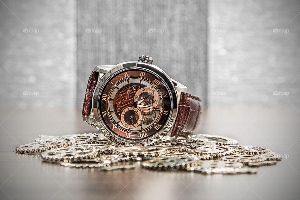 Time Mechanics . A very complex shot of a leather strap watch that is fully mechanical. Every detail was considered. 