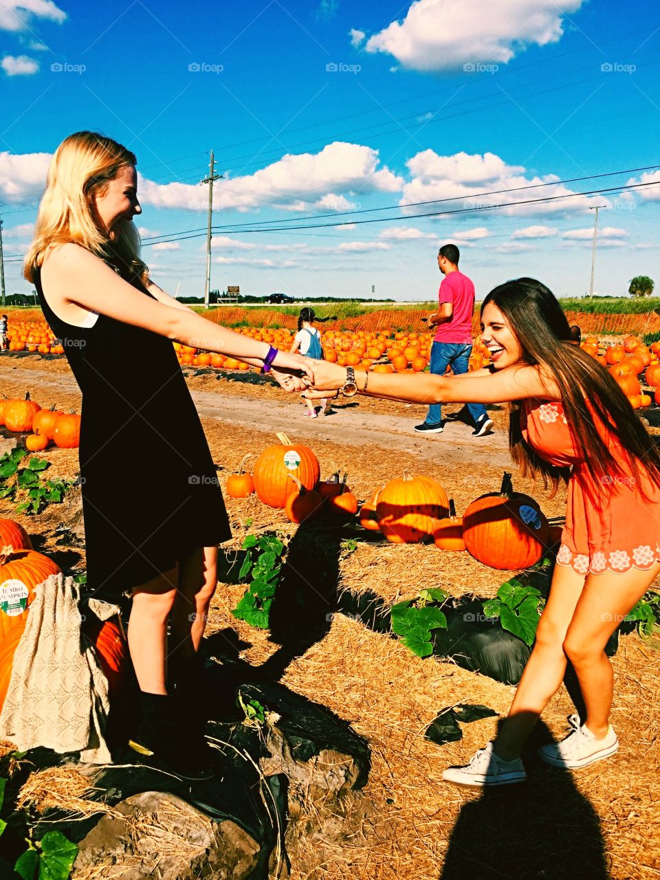 Happy female friends in pumpkin patch