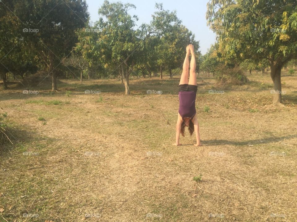 My friend doing a handstand in the field at the farm in chiang dao