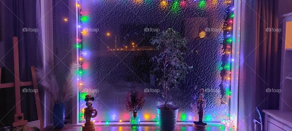 Winter wonder land. Frozen window during Christmas