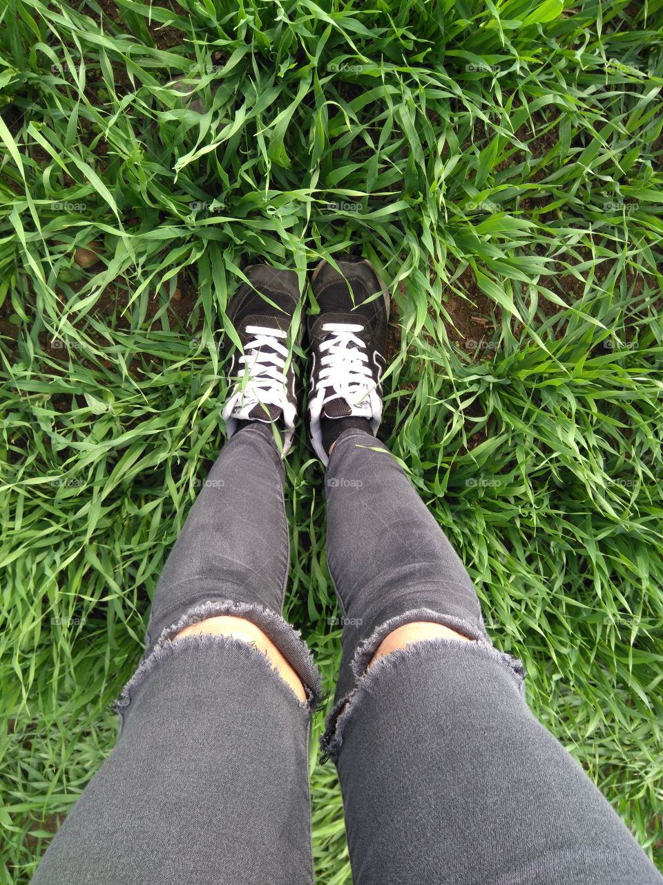 female legs shoes top view green grass summer background