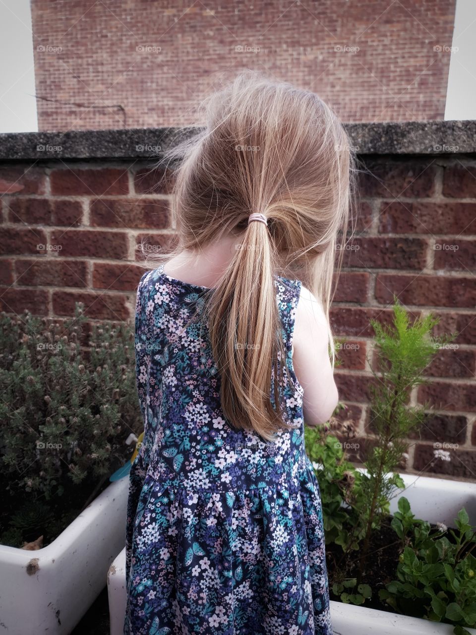 little girl in garden wearing dress. behind portrait