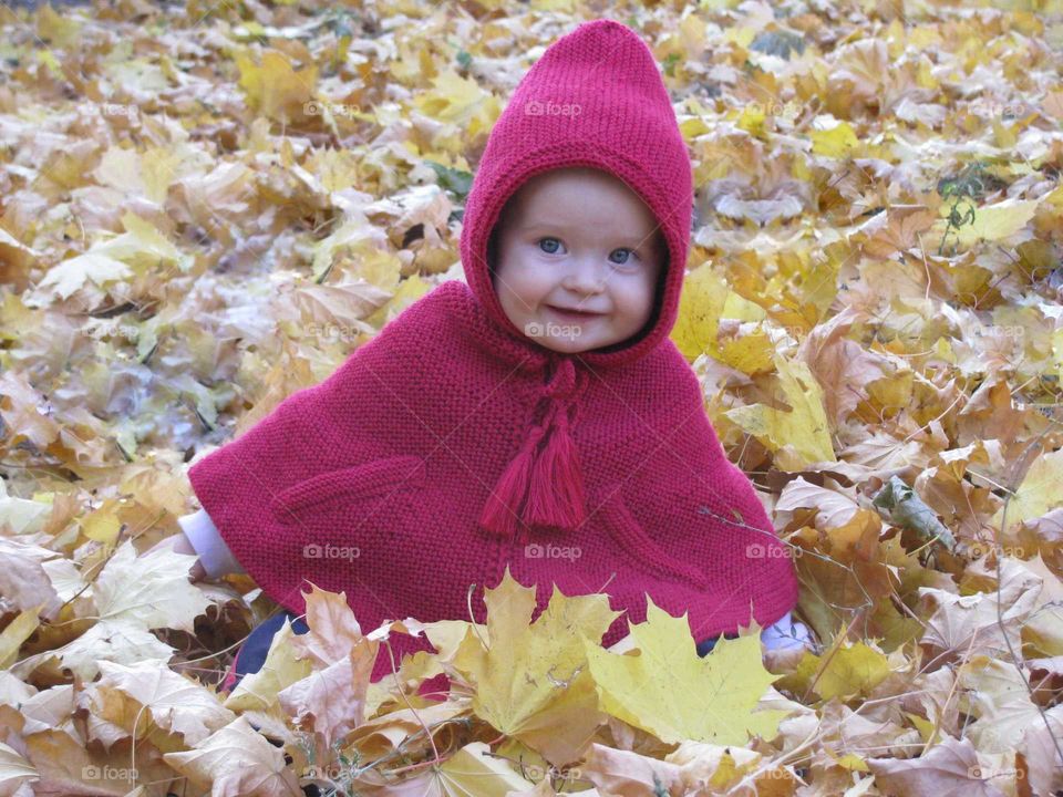 Cute baby on yellow leaves