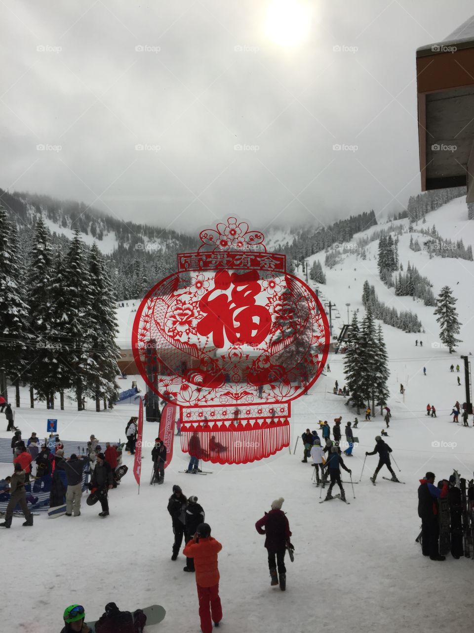 mountain, snow mountain, evergreen trees, snow, snowing. Fog, snowboarding, skiing, sky, 7th heaven , winter, ski resort, Chinese New Year, red, fortune 