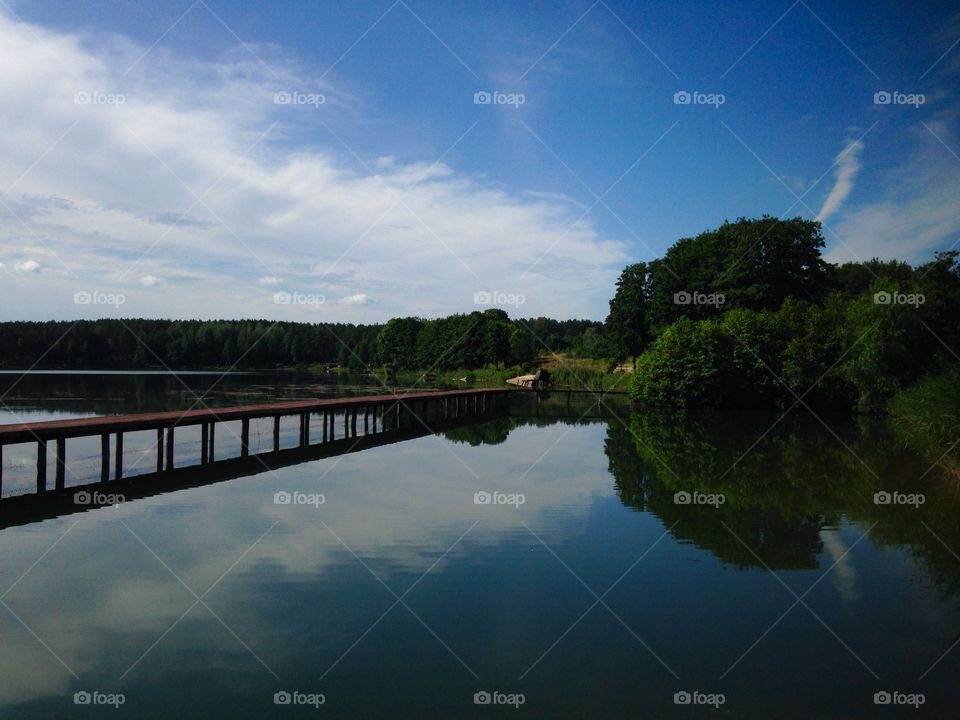 Reflection of trees and pier on lake