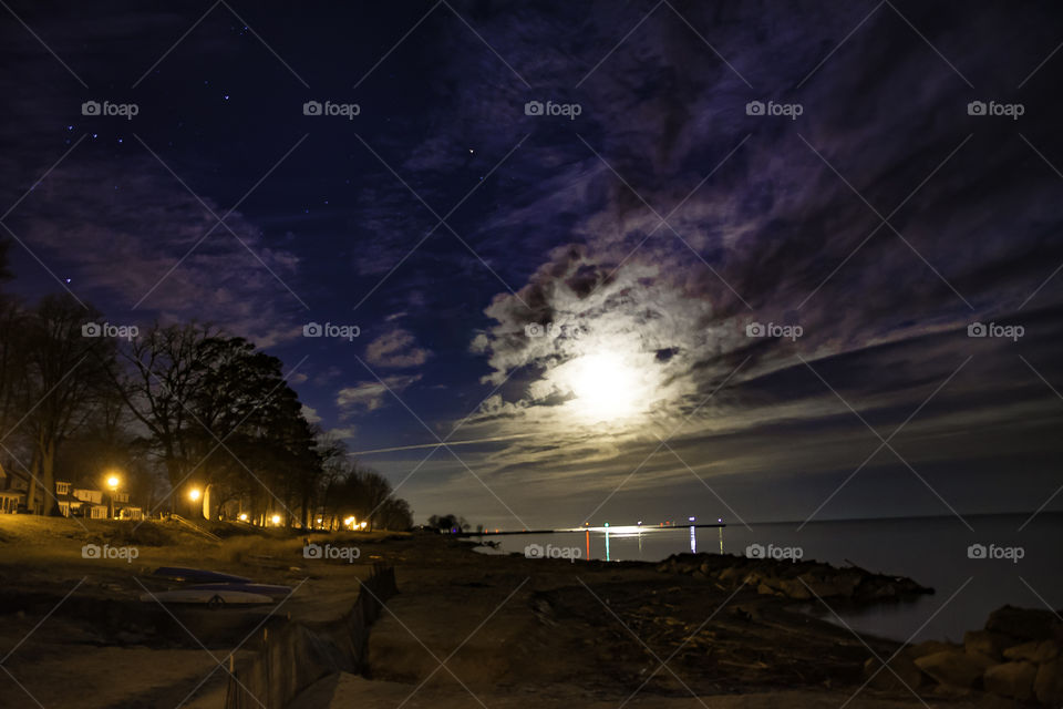moon light reflection on lake Erie