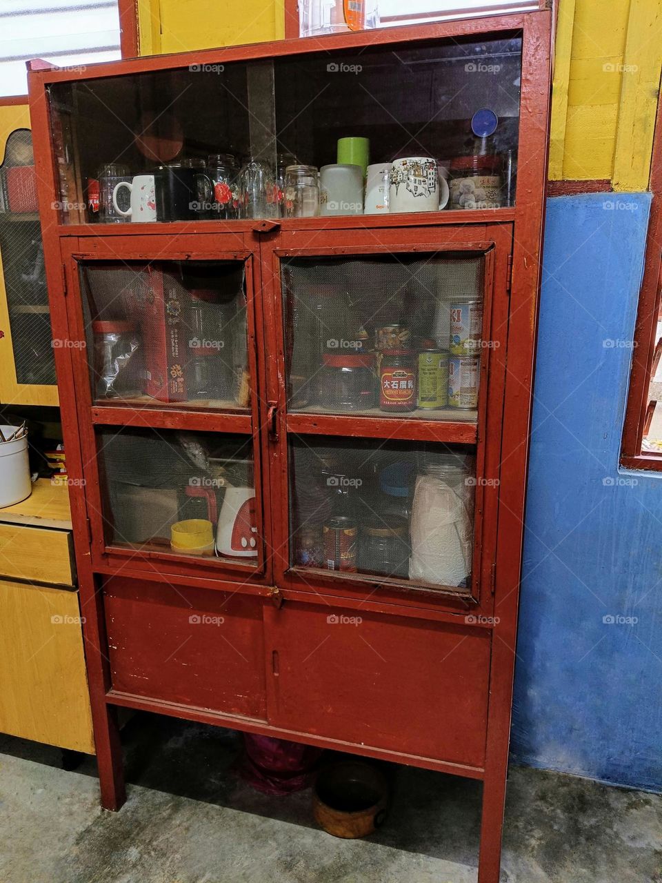 The antique vintage kitchen cabinet.
