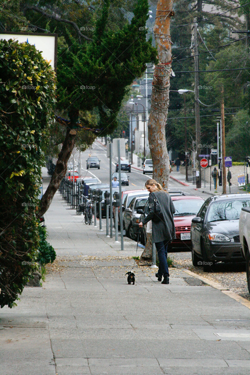 Woman on the street with a dog