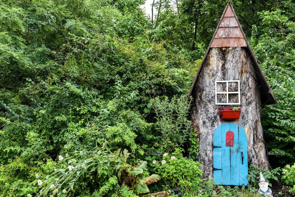 Enchanted little wooded area with a mini gnome house made from a tree stump 