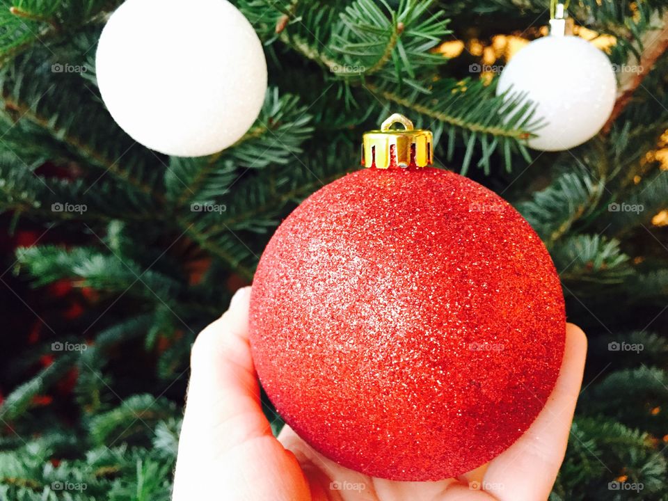 Hand holding red glittering globe with Christmas tree in the background