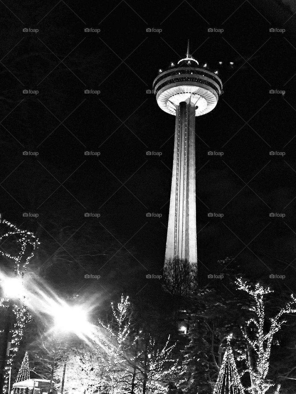 Skylon Tower in Niagara Falls, Ontario Canada in black and white