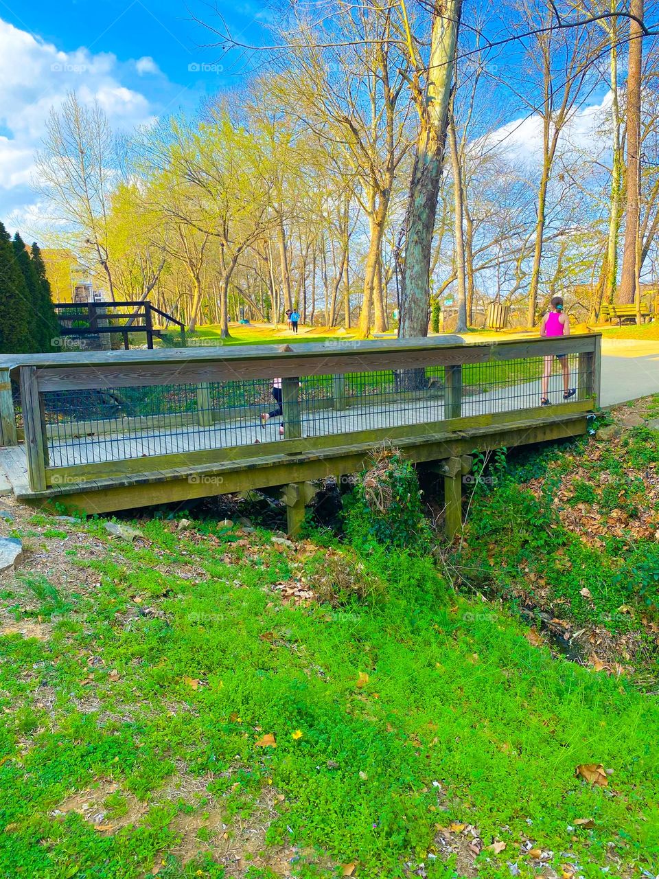 A wood framed bridge, enclosed in wire, sits over a small waterway, lined with green grass