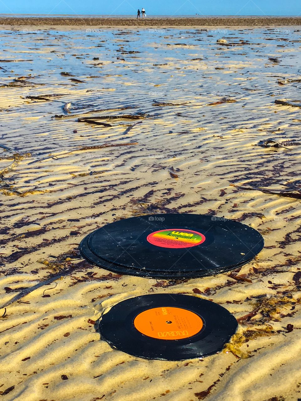Washed ashore vintage vinyl music records in water surf low tide rippled sand 