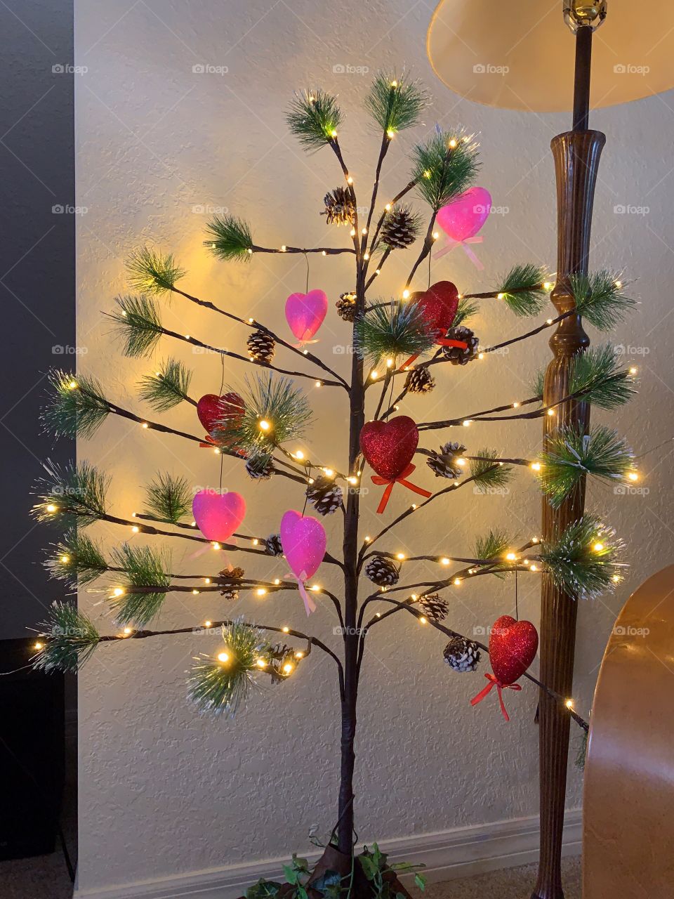 Valentines Day decorated lighted tree.