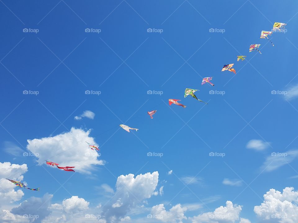 Multi colored kites in the blue sky with white clouds in summer