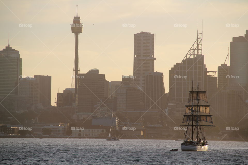 Sailing in sydney harbour Australia. 2 mast wood ship at sydney harbour