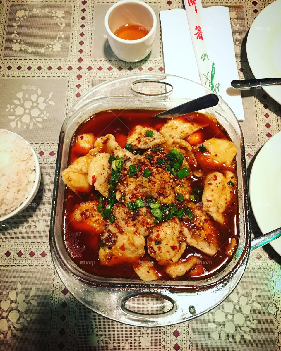 Broiled fish in hot sichuan sauce. 