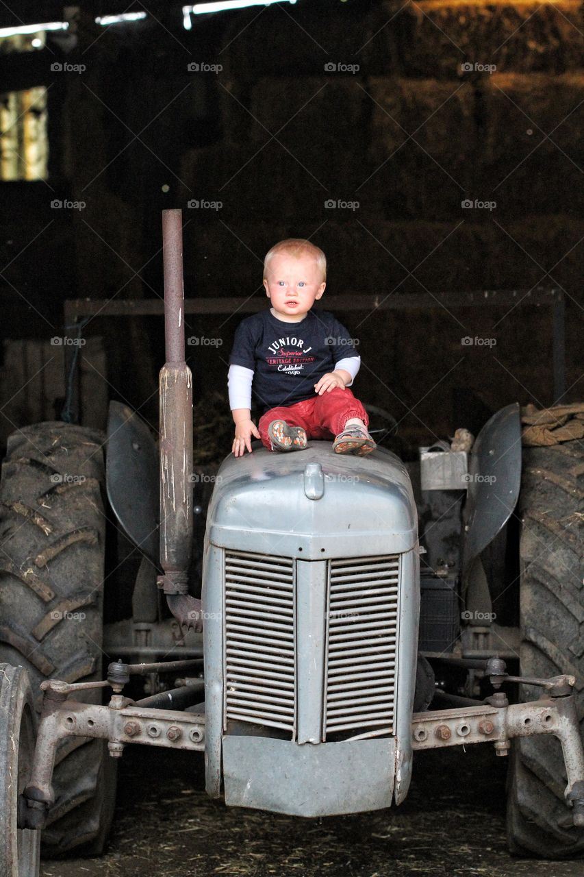 A Toddler On A Tractor. A young boy sitting on an old tractor in a farm barn.