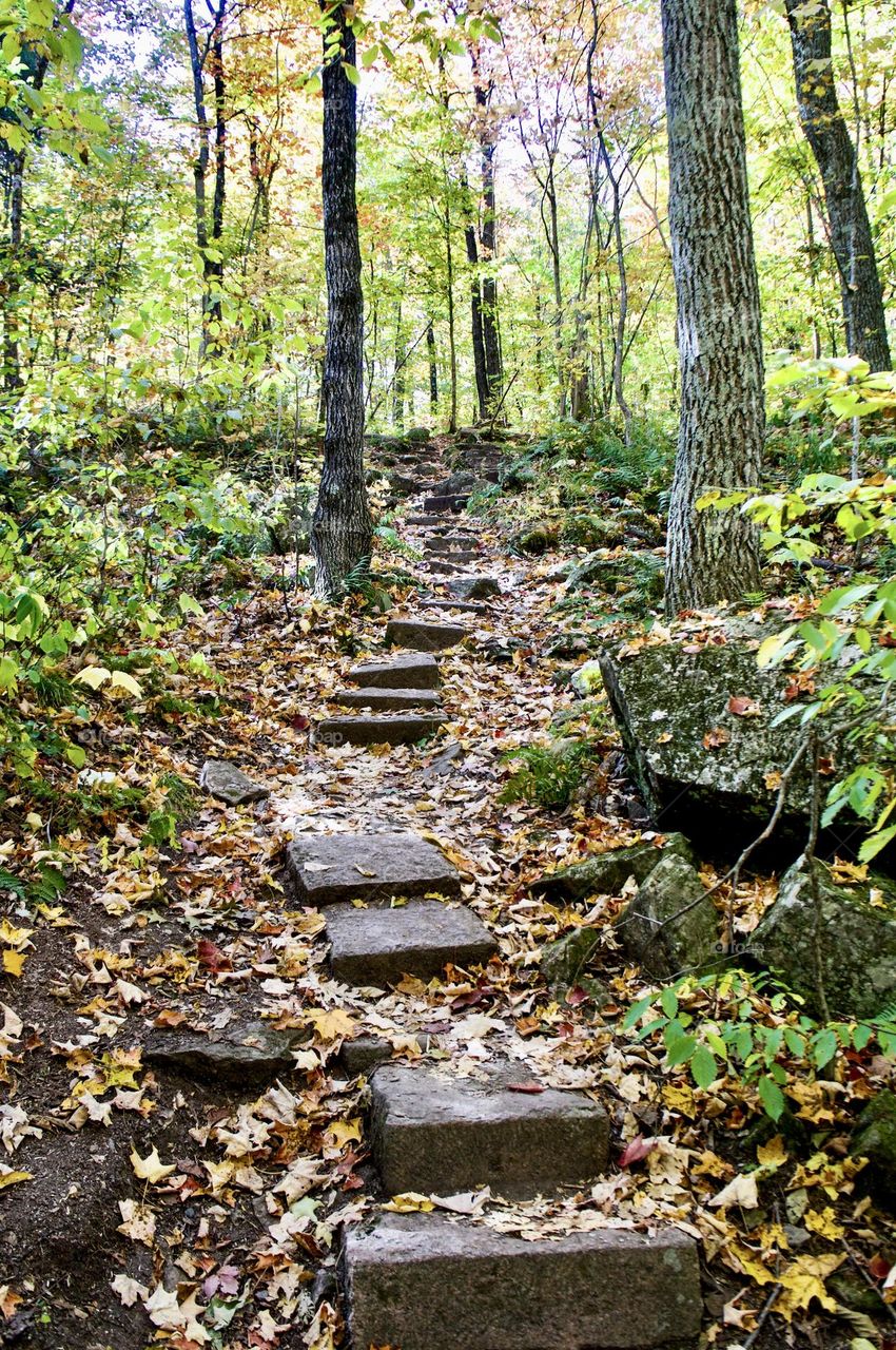 Hiking on rustic stone steps on a beautiful Fall day.