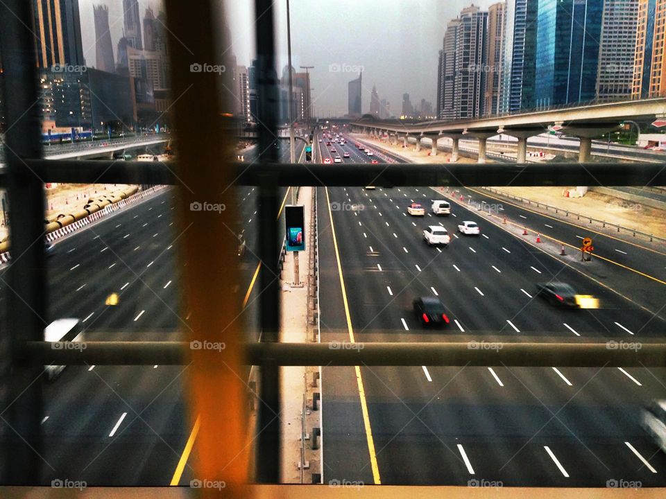 View from the window to city traffic 