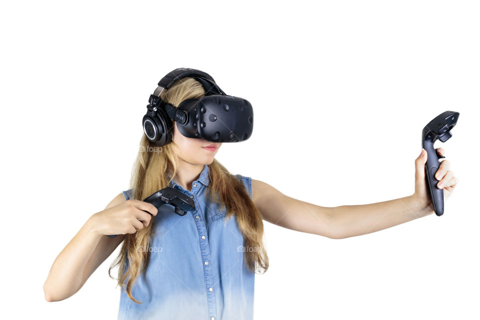 Girl in 3D virtual reality glasses - Virtual Reality Headset - HTC Vive