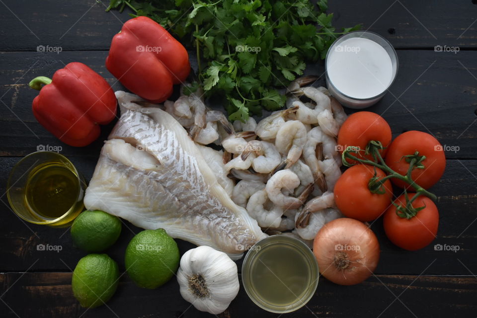 Fish, shrimp, and vegetables; ingredients for seafood chowder