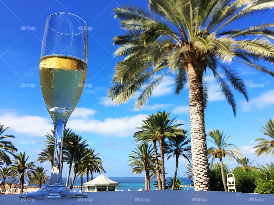 Glass of cold champagne on beach with palm trees and blue sky background 