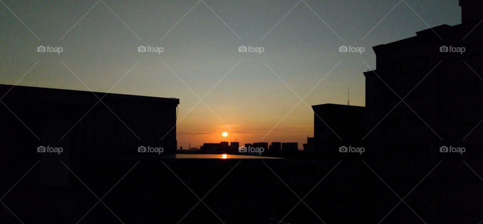 See the sunrise from the roof, all house roofs are silhouettes.