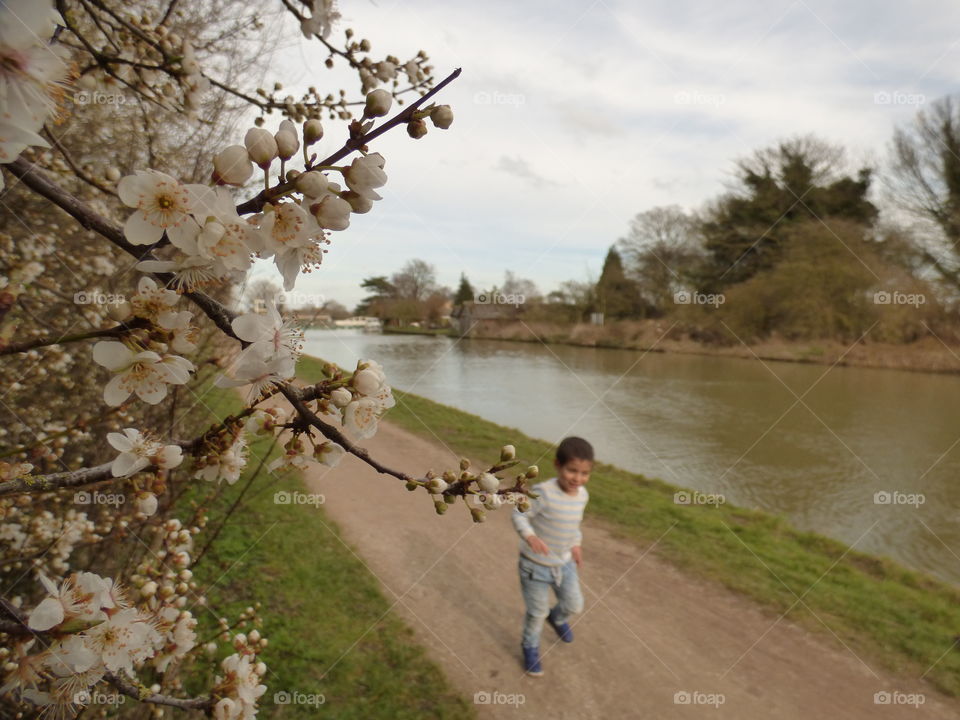 Happy boy spring blossoms flowers river