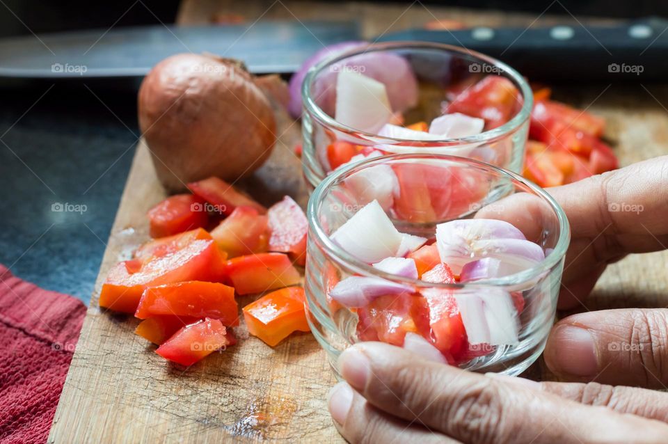 Chopped onion and tomatoes.