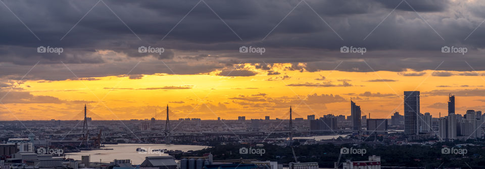 Panorama view of cloudy above the Bhumibol landmark bridge in Bangkok