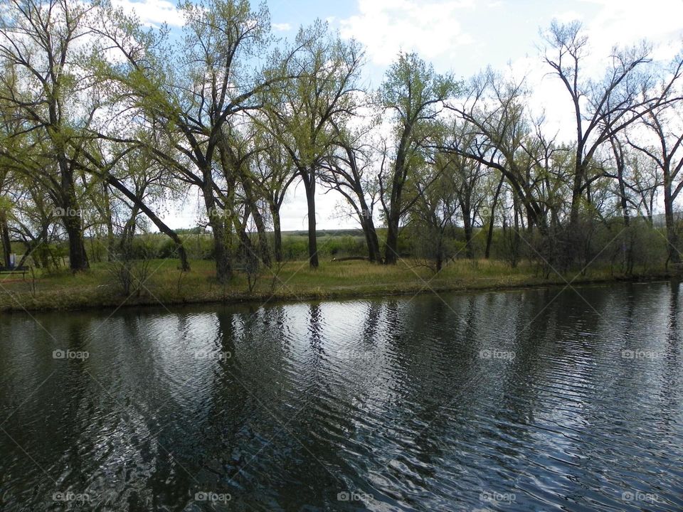 Landscape photo down by a small pond, in Medicine Hat, Alberta, Canada, on a partially cloudy day