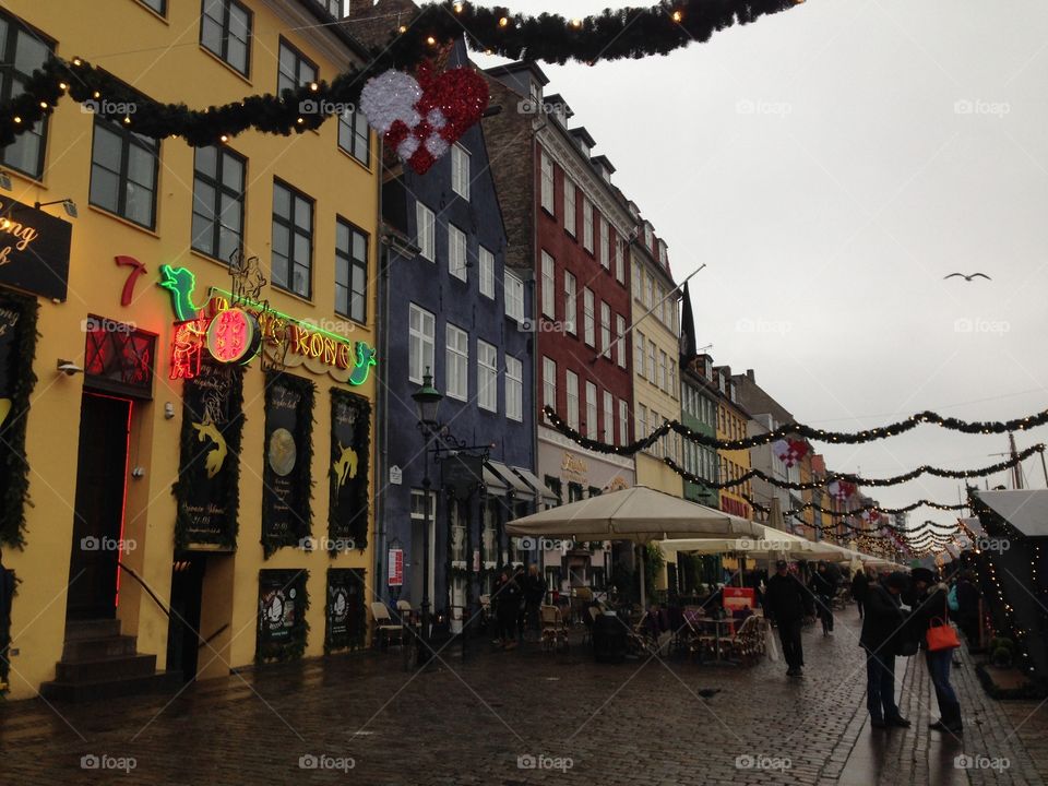 Colourful buildings . Colourful restaurants and cafes in Copenhagen 