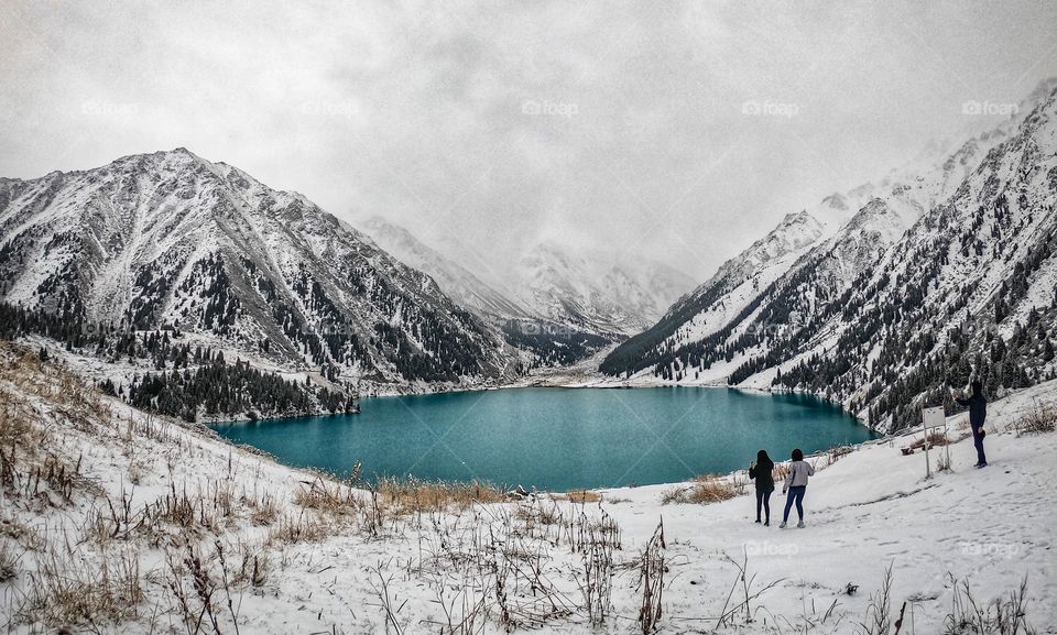 Big Almaty Lake on snowing day ,Kazakstan 