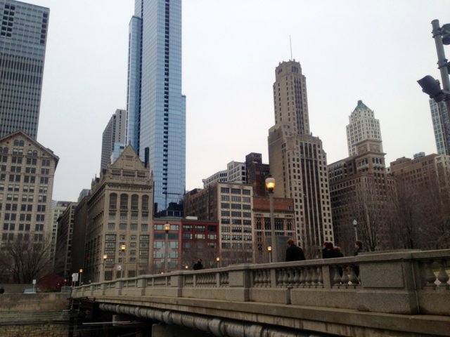 winter buildings bridge skyscrapers by mengzishiliu