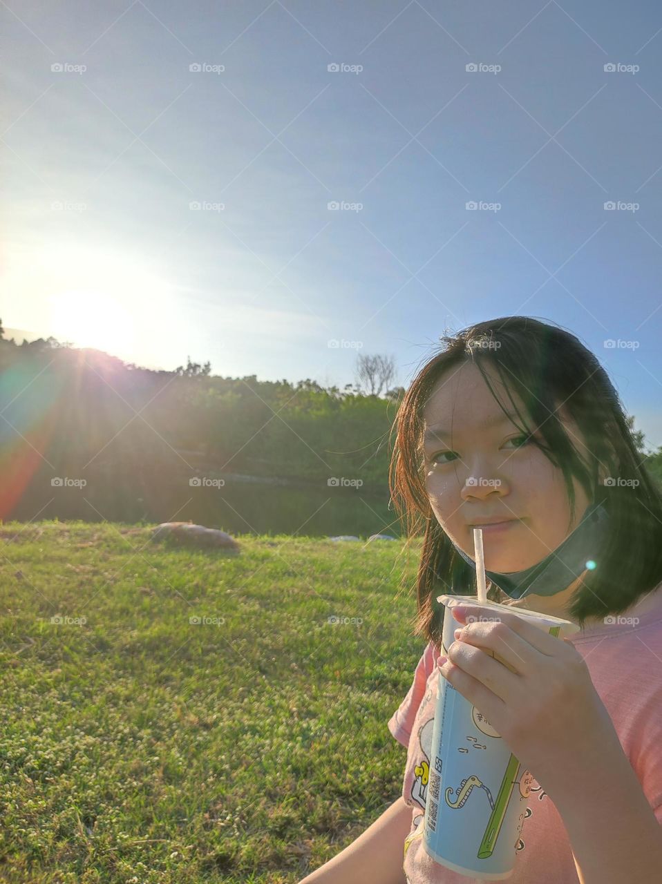 enjoying the beautiful scenery and drinking