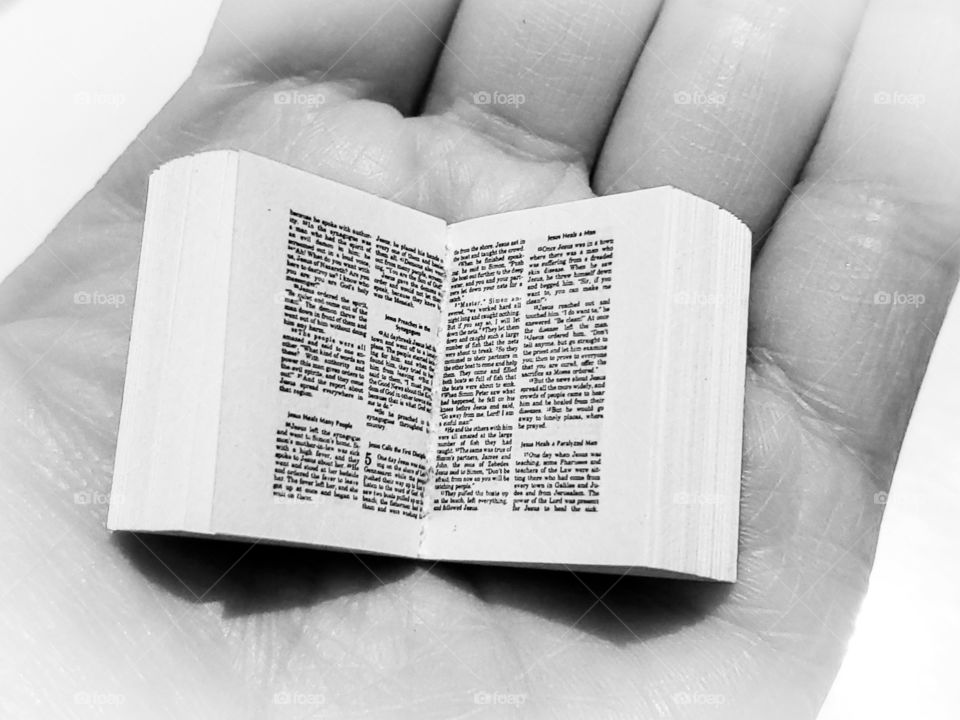 miniature book on the palm of your hand