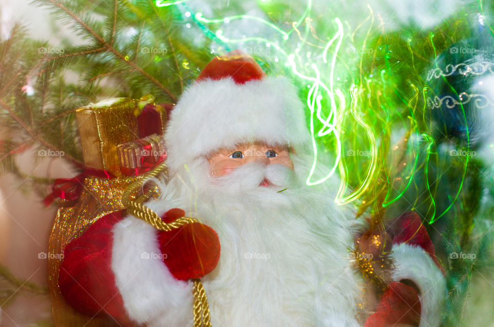 Russian Santa Claus, Ded Moroz and blurry lights around 