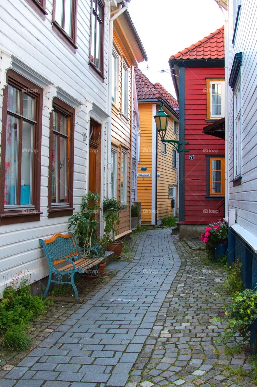 Narrow alley with buildings in bergen, norway