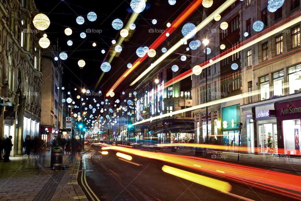 Fairy lights, Christmas lights, Street, London at night, Street photography, Oxford Street. Speed, Road