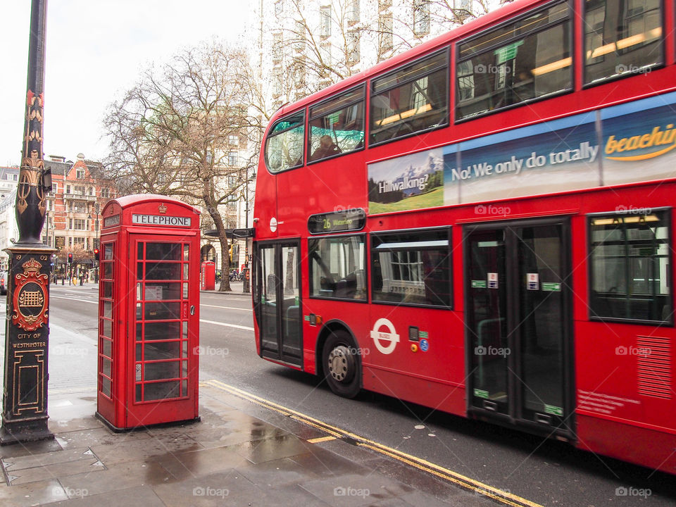 Typical phone booth , bus and lamppost london