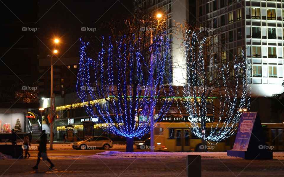 Christmas and New year lights night cityscape